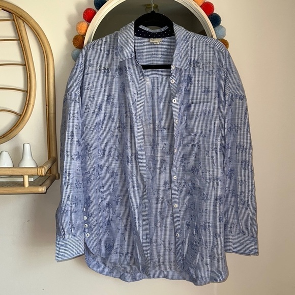 Anthropologie 9-H15 StCL Cotton Blue Floral Striped Button Down Blouse Top - Picture 1 of 7